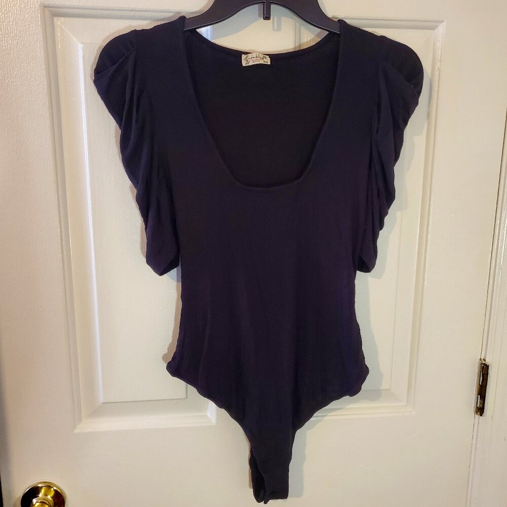 Free People Intimately Ava Puff Sleeve RibbedBodysuit in Black Size Small